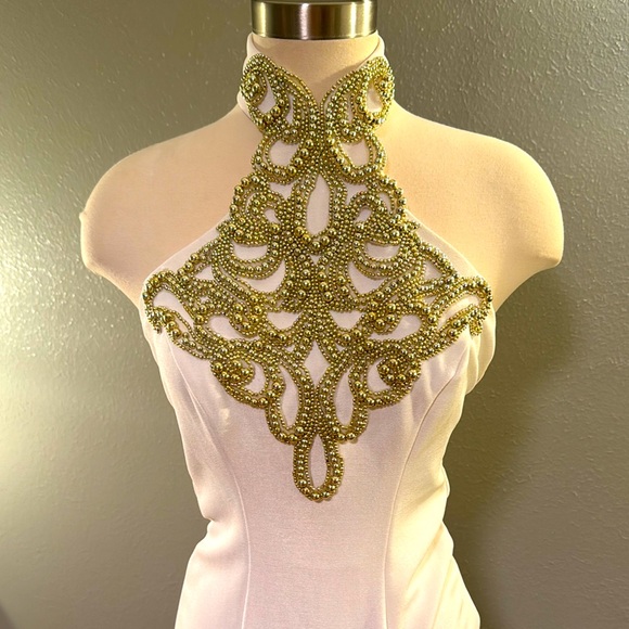 Dresses & Skirts - Vintage halter cream formal Mardi Gras gown with gold beading